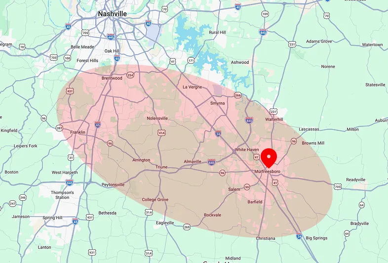 Map of the Reliable Comfort Services HVAC service area across Murfreesboro and Middle Tennessee